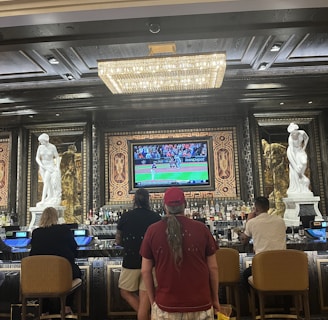 Several people are seated at a luxurious bar, with a large TV screen showing a sports game. The bar is elegantly decorated with ornate details and sculptures. The ceiling has a large, rectangular, crystal chandelier.
